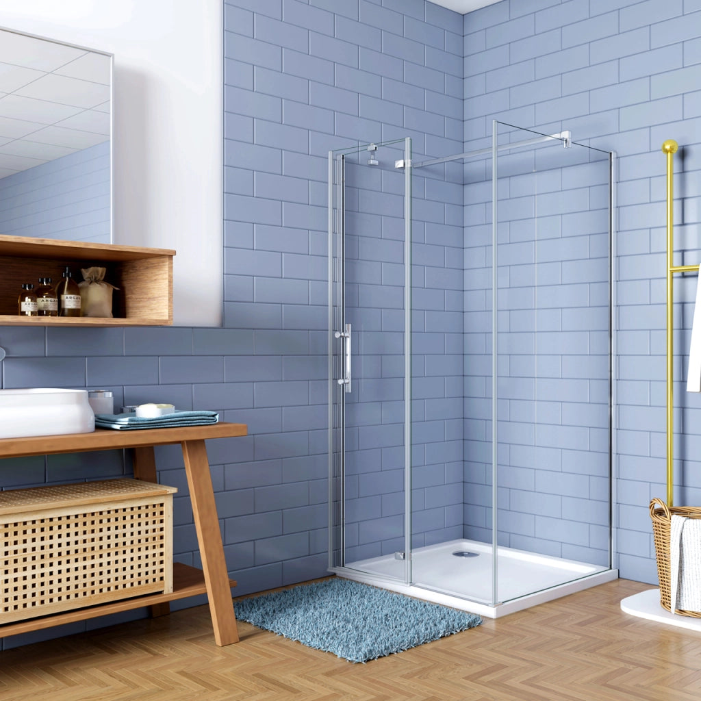 195cm Box Doccia Angolare Porta Battente con Parete Fissa 80x80cm Vetro 6 mm Temperato Anticalcare Trasparente con 2 Barre Stabilizzatrici da 30cm e 90cm