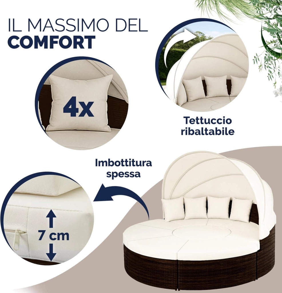 Isola Prendisole Polyrattan Ø230 Baldacchino Cuscini Lettino Set Lounge Componibile