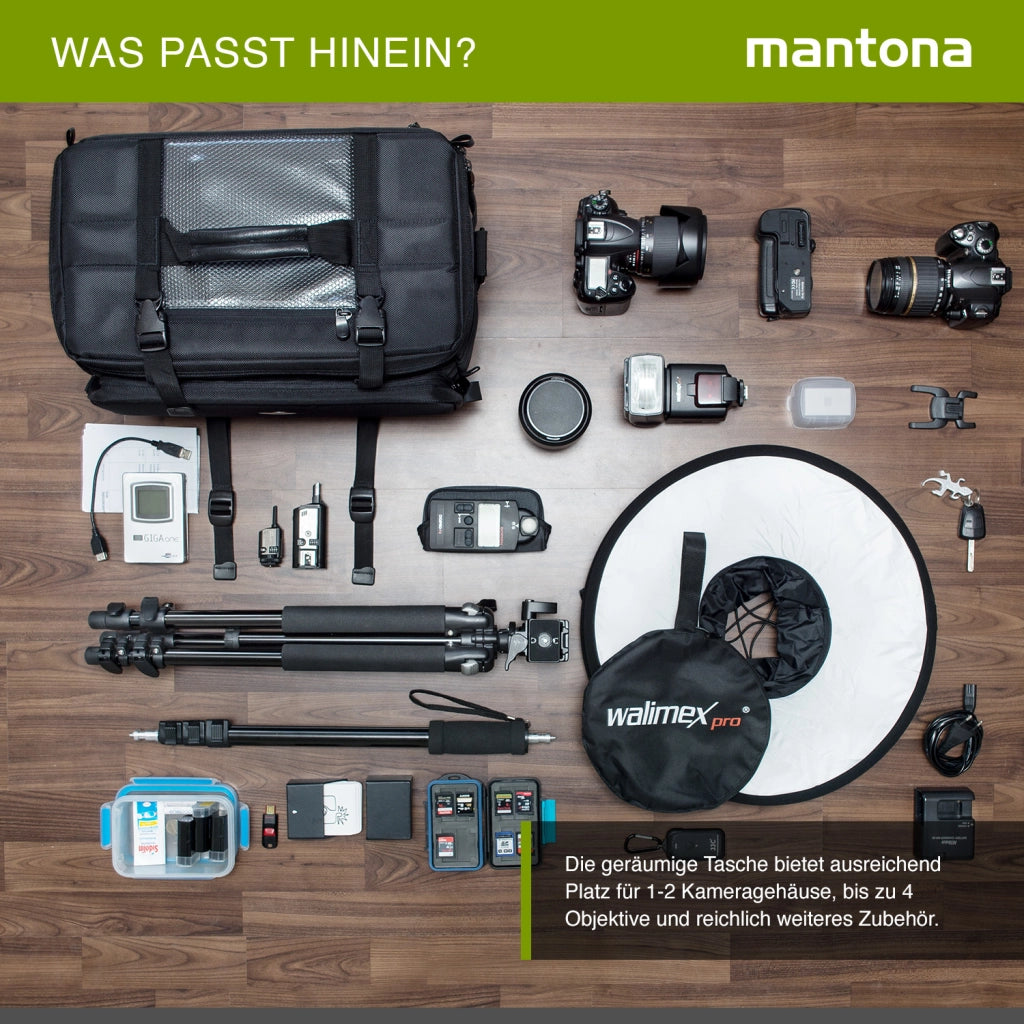 Mantona New York borsa fotografica con divisori interni per obiettivi, fotocamere a sistema, reflex, custodia per accessori fotografi con copertura antipioggia e tracolla