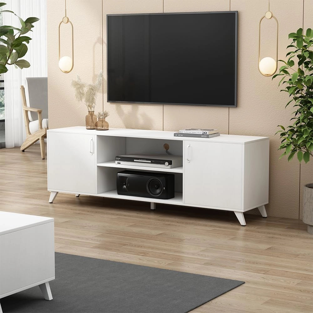 Lowboard Maceio, Bianco, 160 x 54.5 cm con 2 porte, adatto per l'installazione di televisori e dispositivi multimediali