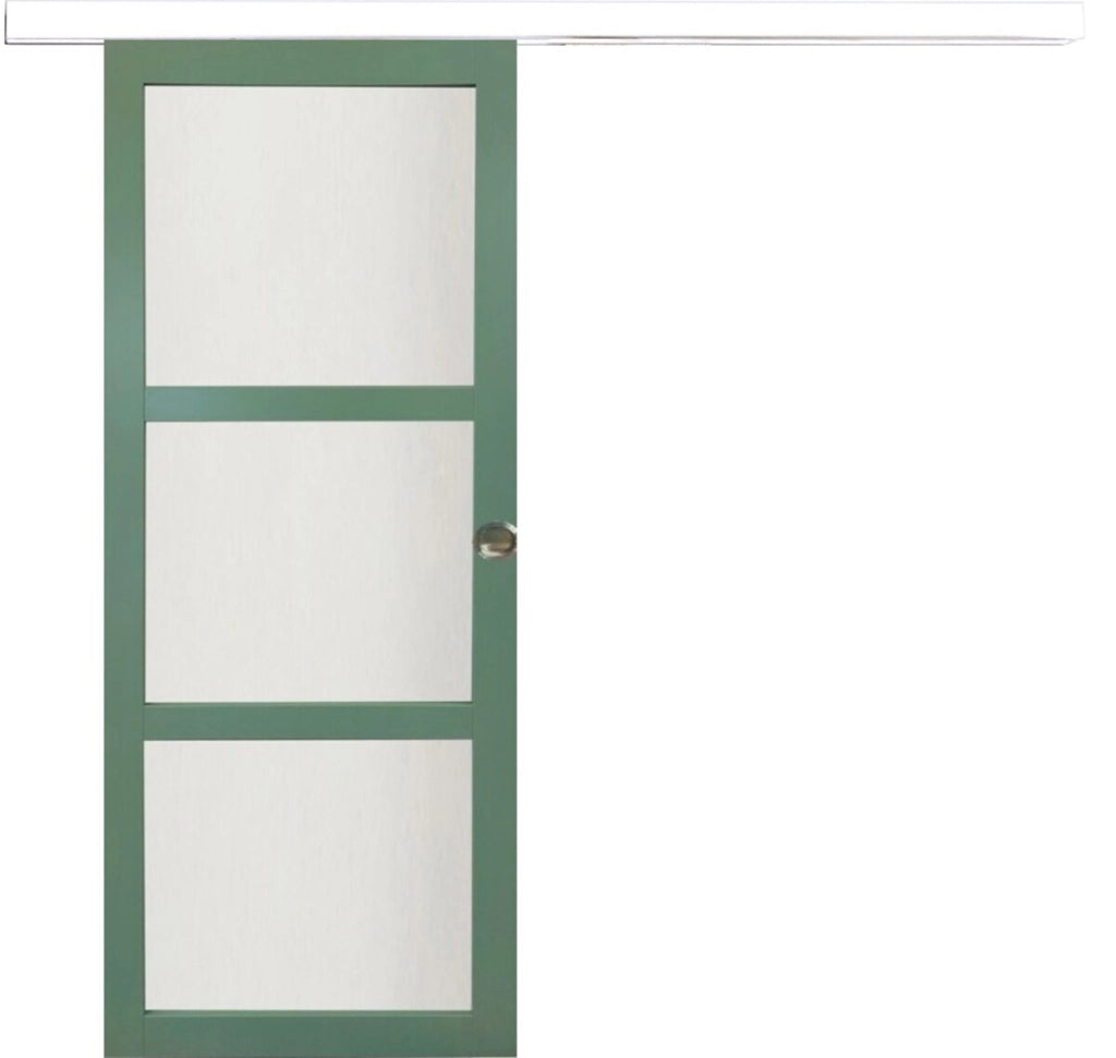 Porta Scorrevole Verde Ral 6021 Vetrata H204 x L83 + Binario in alluminio Bianco e 2 gusci