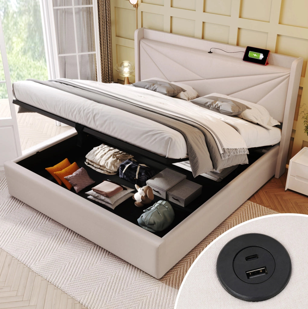 Letto matrimoniale 180x200 beige con vano contenitore, USB e USB-C