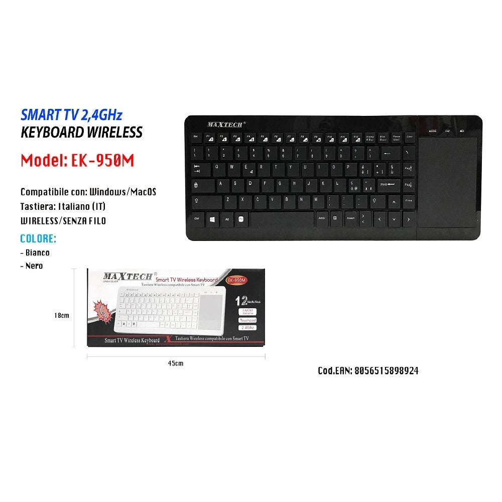 Trade Shop - Mini Tastiera Wireless Touchpad Keyboard Smart Tv Computer Pc 2.4ghz Maxtech Ek-950m -