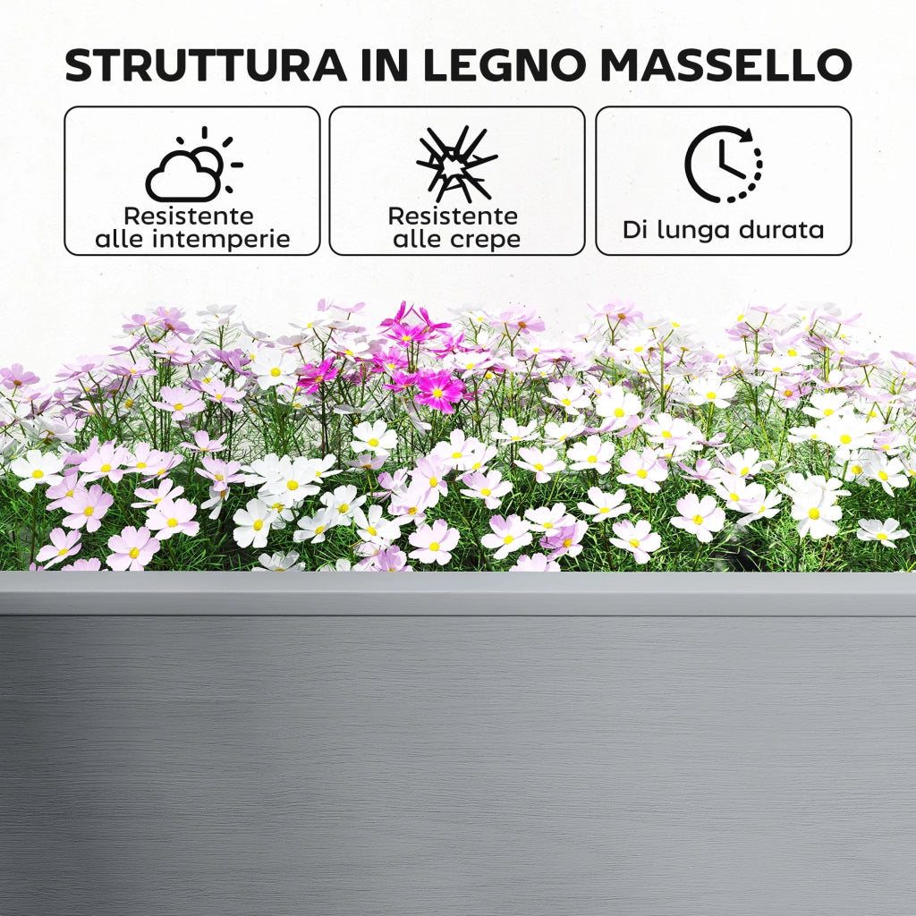 Fioriera Rialzata 149x46x76 cm con 2 Vasi Laterali e Ripiano per Attrezzi in Legno di Abete Grigio