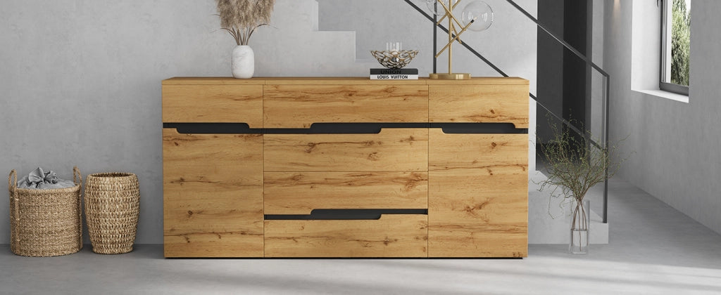 Credenza Soggiorno 160 cm Mobile Buffet 2 Ante 4 Cassetti Legno e Nero