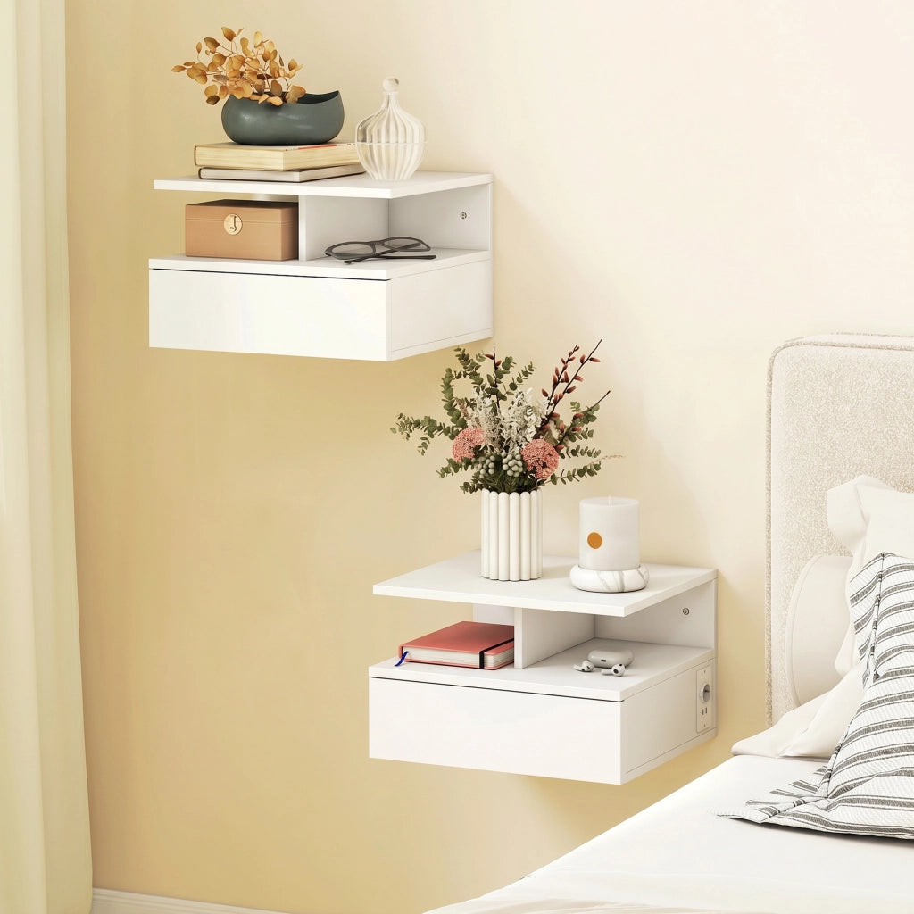 Set di 2 Comodini Sospesi Camera da Letto con Ricarica USB e Type-C, 40x35x30 cm, Bianco