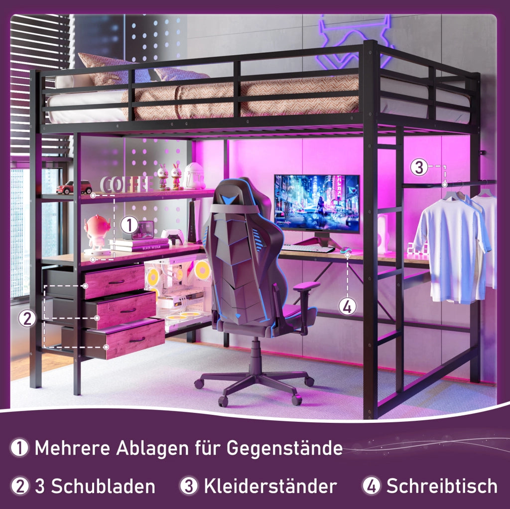 Letto a soppalco 140x200 cm con scrivania, LED e USB nero