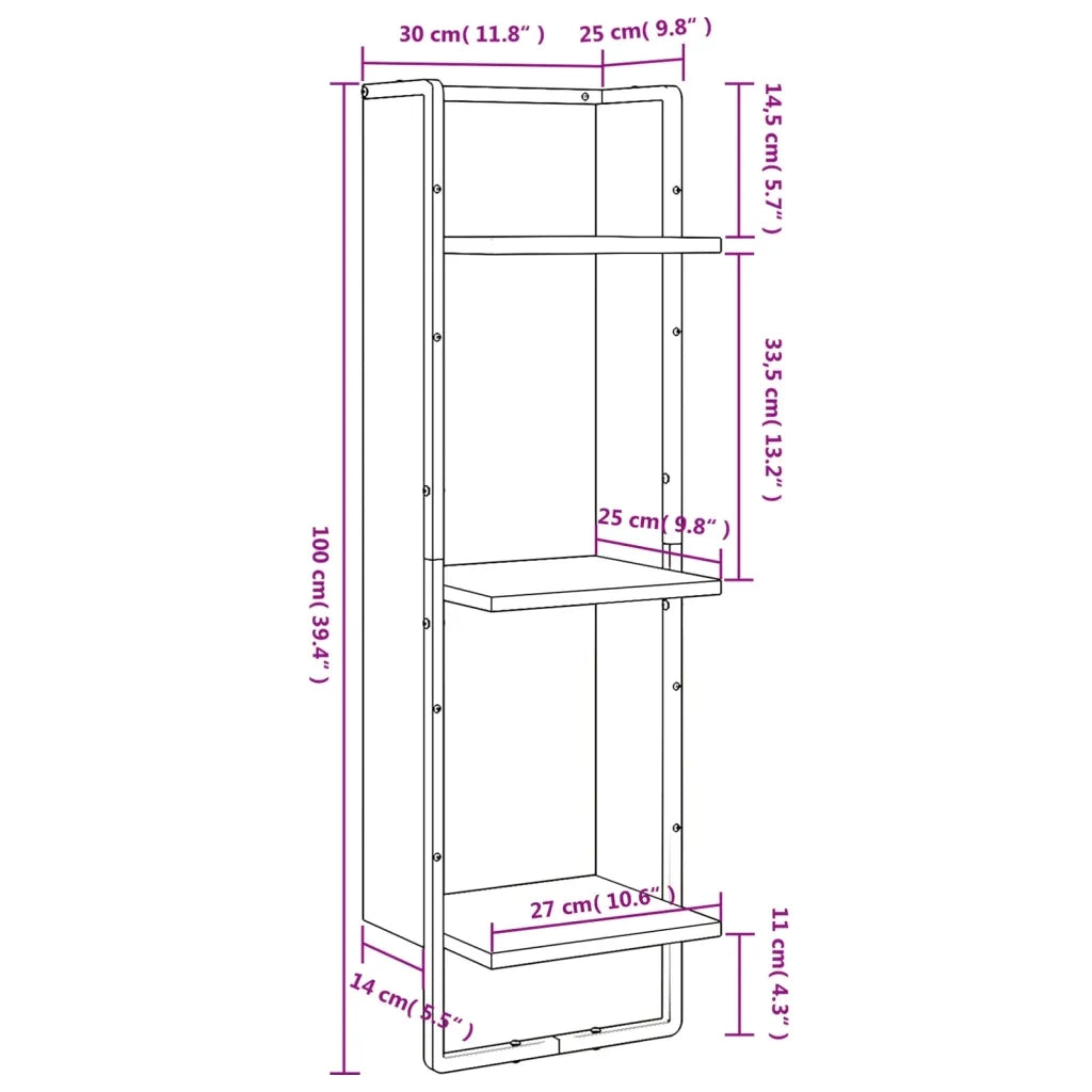 Scaffale Parete | Ripiano a parete | Mensola a parete 3Ripiani Rovere Marrone 30x25x100cm Multistrato