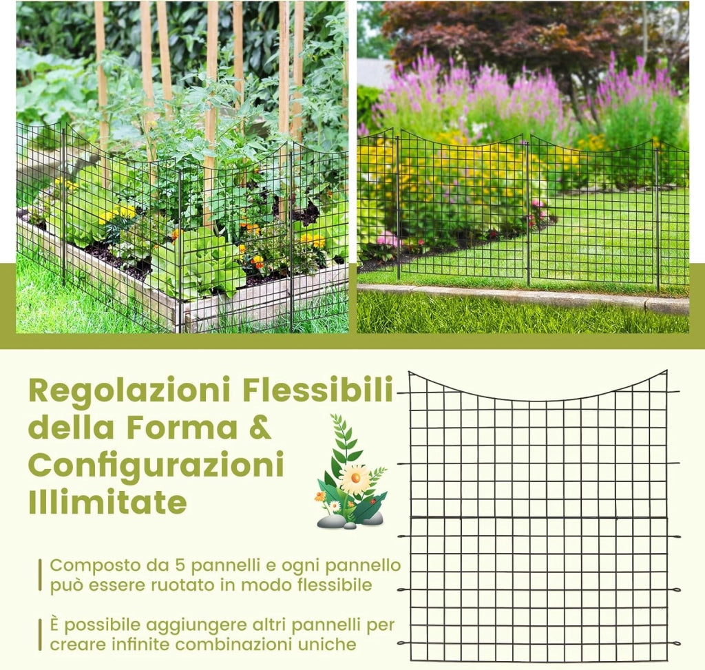 Recinzione da Giardino con 5 Pannelli e 5 Picchetti, Recinto per Aiuole 98 CM in Metallo Verniciato a Polvere Antiruggine, Pannelli per Recinzioni da Giardino, Orto ed Aiuole