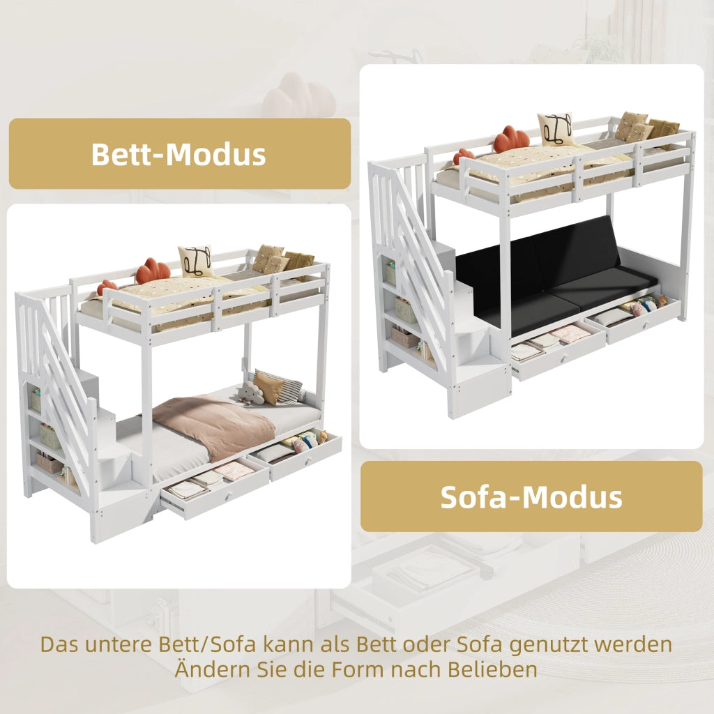 Letto a soppalco 90 × 200 cm con divano regolabile, armadio a scala e 2 cassetti, senza materasso, bianco