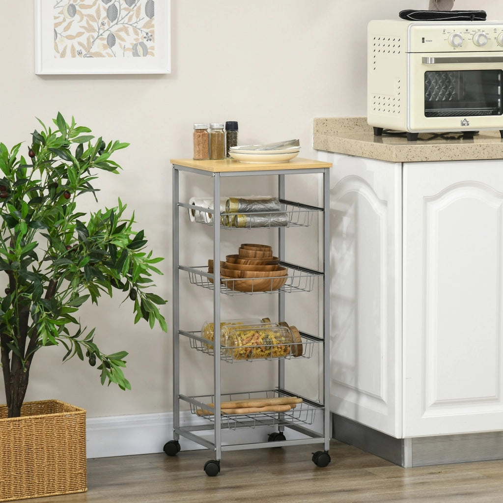 EasyComfort Carrello da Cucina Salvaspazio con 4 Cesti Estraibili in Legno e Acciaio, 36.5x36.5x89 cm, Argento e color Legno