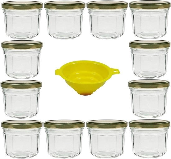 Set di contenitori con coperchio - 12 contenitori rotondi in vetro in stile facet da 240 ml - coperchio giallo - necessario HTML per contenitori con coperchio