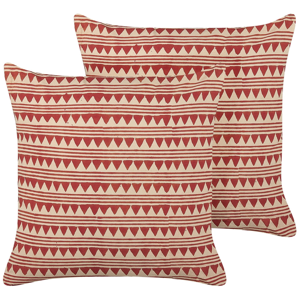 Set di 2 cuscini decorativi rosso e beige cotone 45 x 45 cm motivo geometrico fatto a mano rivestimento sfoderabile con imbottitura boho style