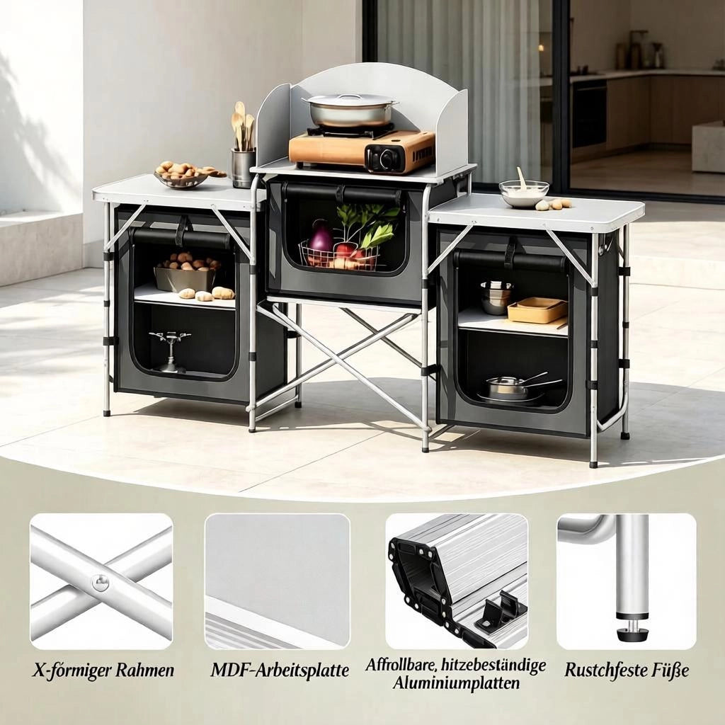 CUCINA DA CAMPEGGIO PIEGHEVOLE 174x48x112 cm Grigio scuro