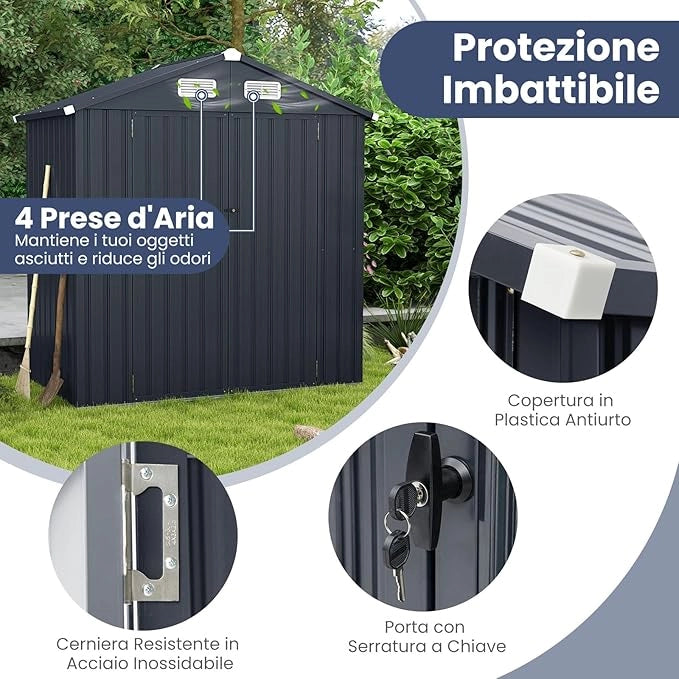 Capanno da Giardino 193 x 108 cm, in Metallo Zincato con 4 Prese d'Aria e Porte Bloccabili, Impermeabile e Resistente al Vento, Casetta da Esterno Porta Utensili per Cortile e Fattoria
