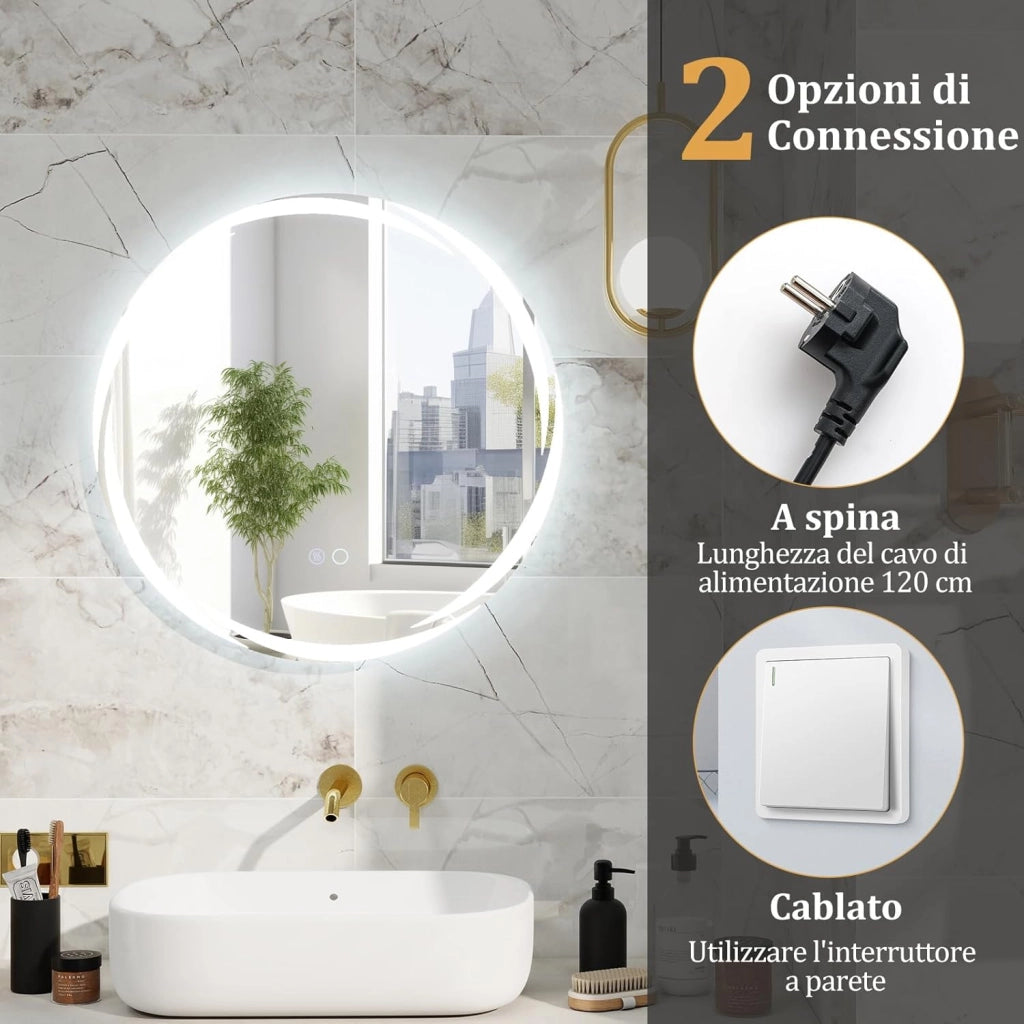 Specchio da Parete 60 x 60cm, Specchio da Bagno Rotondo con Luci Led a 3 Colori, Interruttore a Sfioramento Anti-Appannamento, Funzione di Memoria e Motivo a Onda, IP44