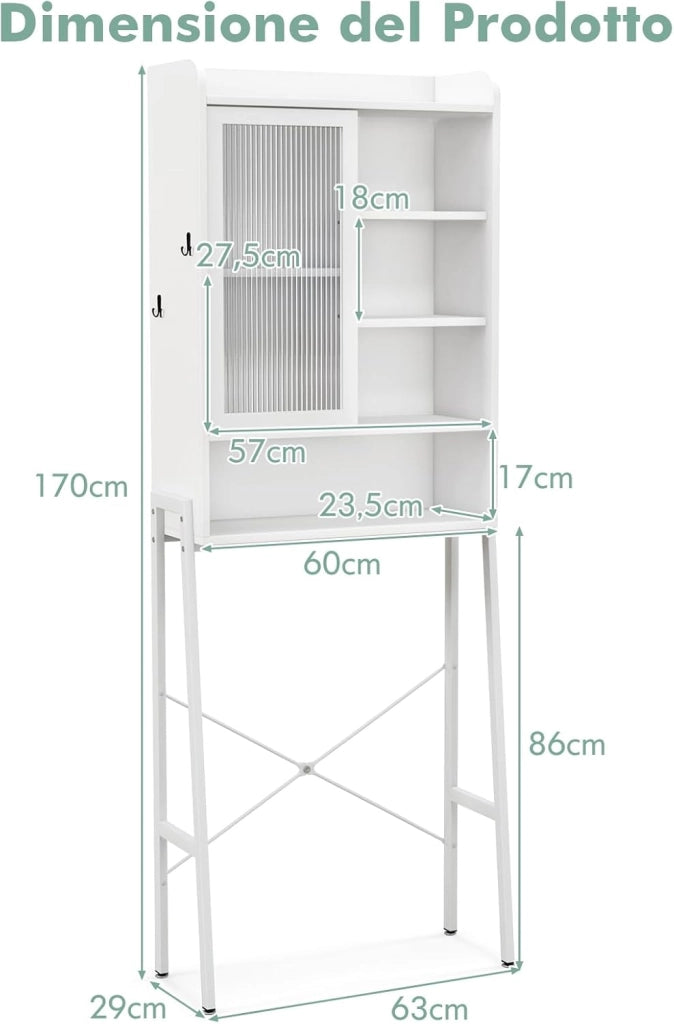 Mobiletto per Bagno, Armadio Sopra WC con Anta Scorrevole e Struttura Metallica, Scaffale Salvaspazio con Ripiani Regolabili per Bagno Lavanderia, 63x29x170 cm (Bianco)