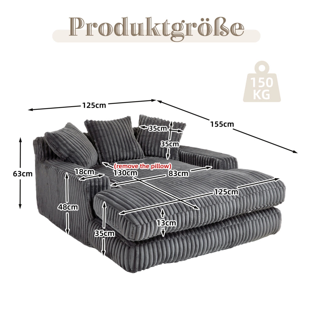 Chaise longue 125x155x63 cm con 3 cuscini; senza montaggio in velluto a coste grigio scuro
