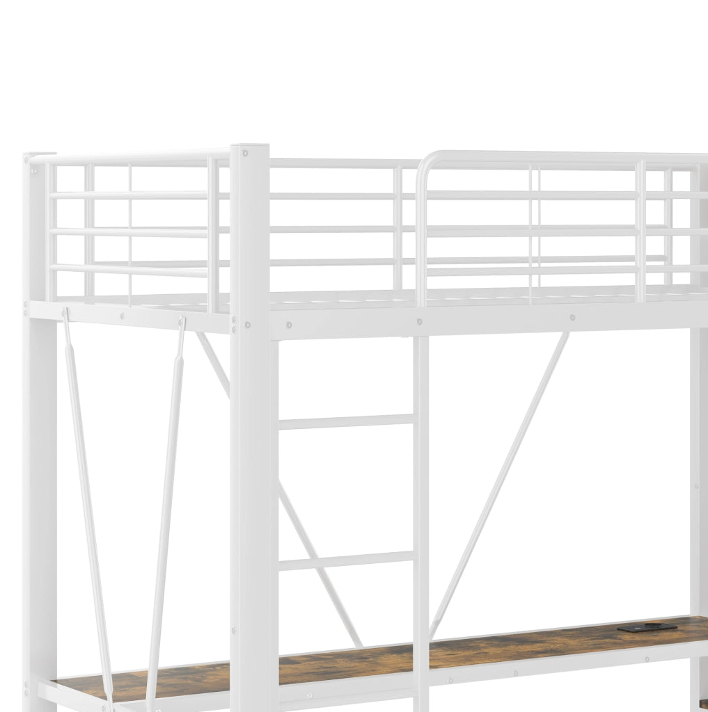 Letto a soppalco 90x200 cm con scrivania, LED, 4 cassetti e prese USB