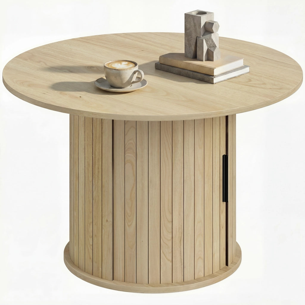 Tavolino da caff¨¨ rotondo ¨C Xylo ¨C legno naturale con ripiano e porte scorrevoli