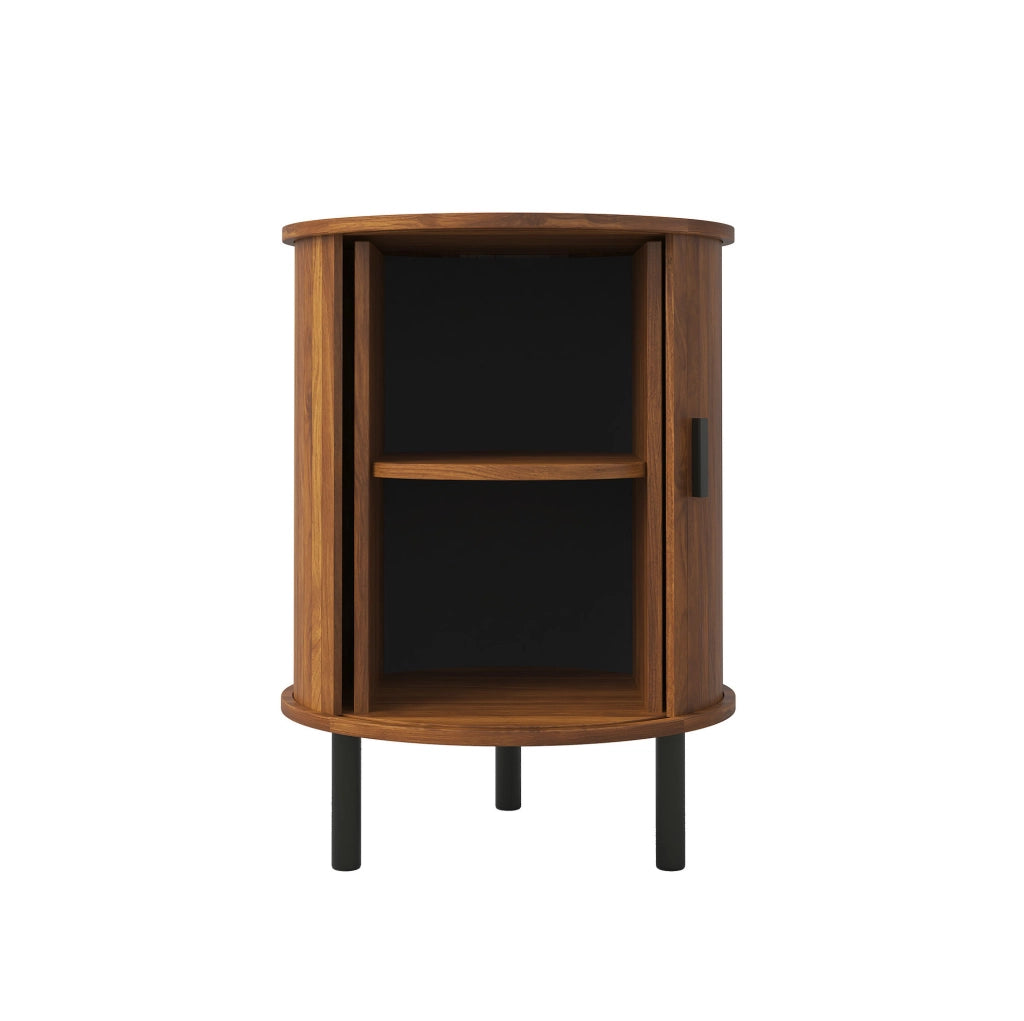 Mobiletto rotondo 48x48x65 cm con anta scorrevole e ripiano interno; MDF e truciolare; noce