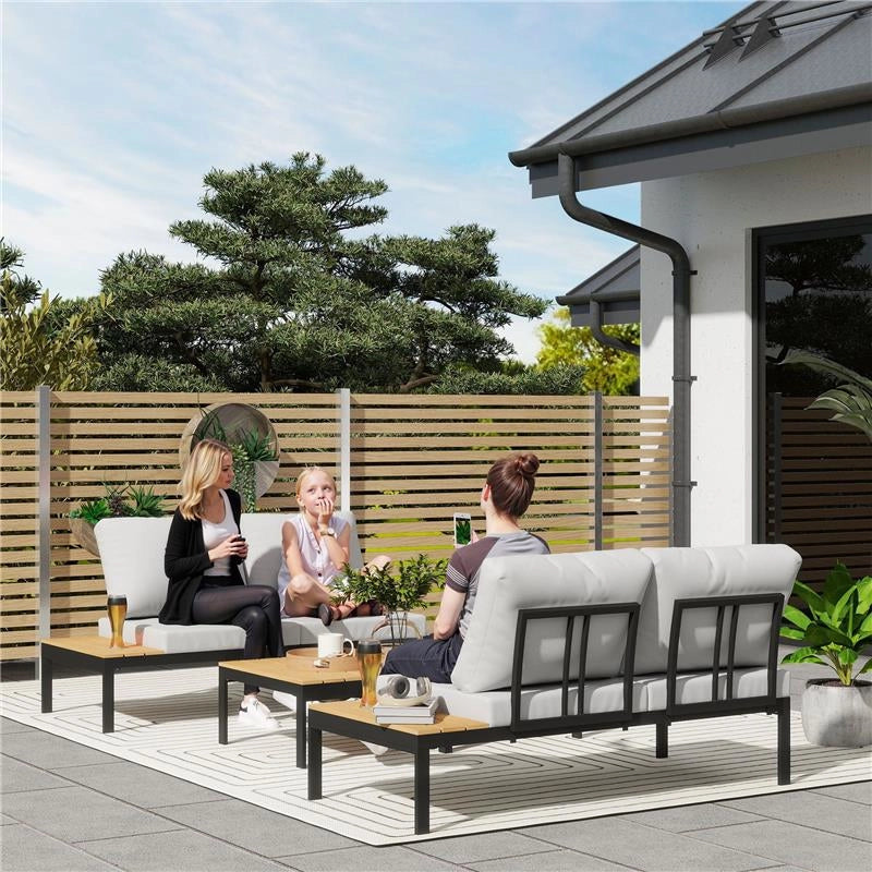 SET DA GIARDINO 4 PEZZI CON 2 DIVANETTI 2 POSTI E 2 TAVOLINI IN METALLO E LEGNO COMPOSITO GRIGIO NERO E TEAK