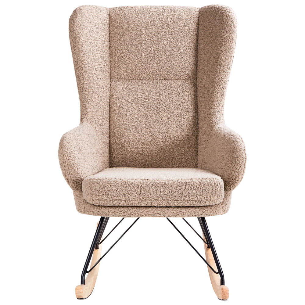 Sedia a dondolo Rivestimento in bouclé beige sporco Gambe nere in metallo con braccioli Schienale alto Soggiorno