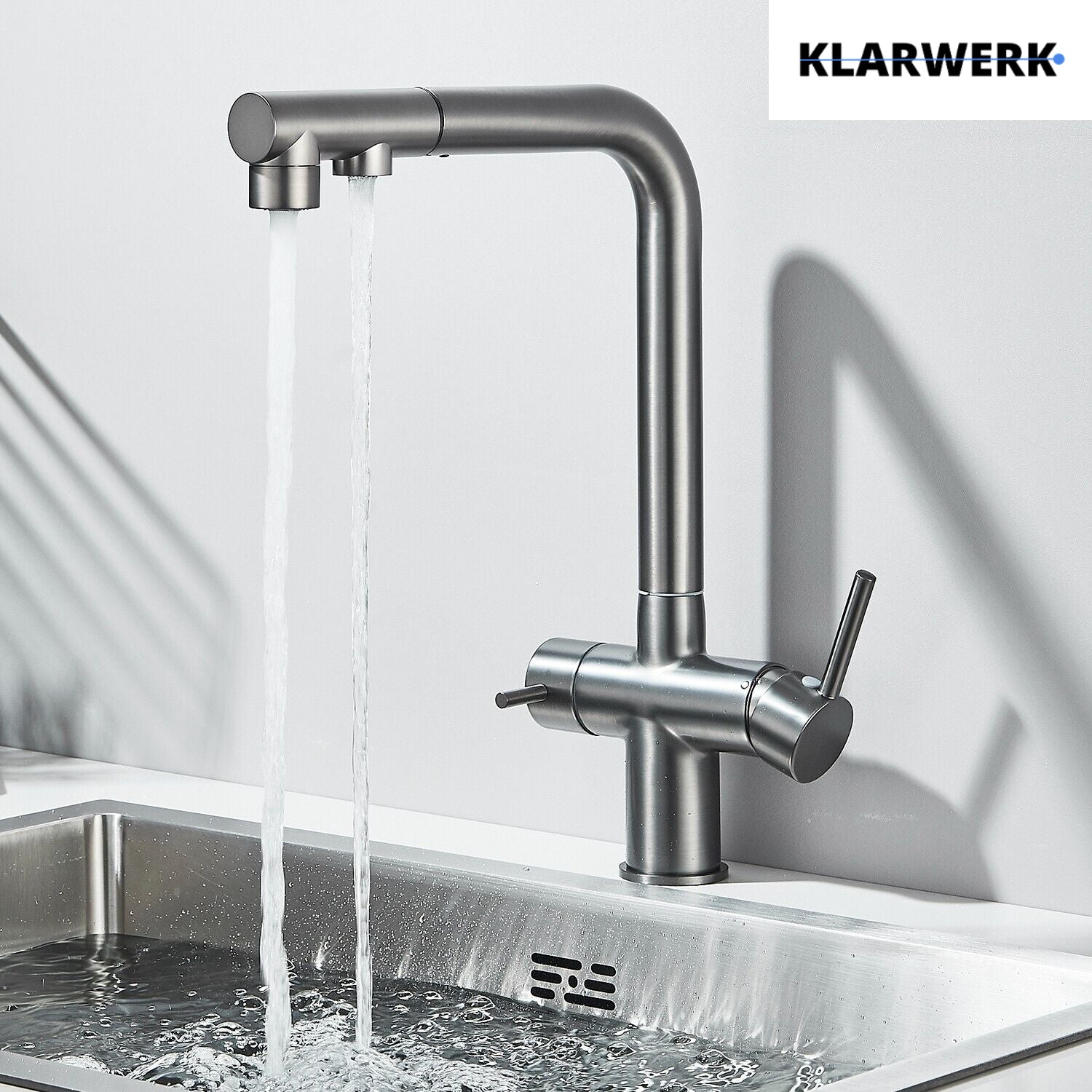 Felix | miscelatore estraibile 3 vie premium grigio titanio opaco | rubinetto da cucina a osmosi in acciaio inox| 360 gradi rotabile filtro 3 attacchi