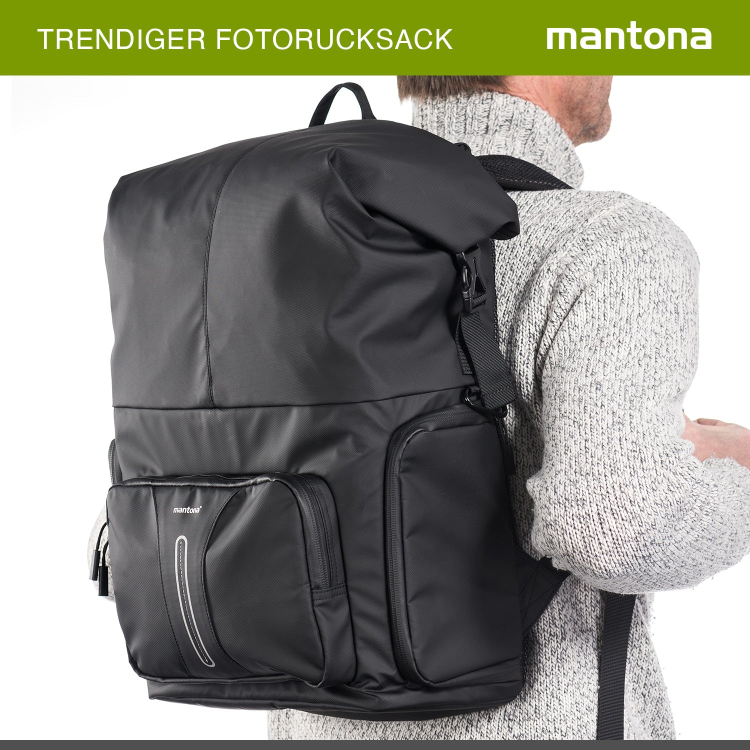 Mantona zaino fotografico corriere per fotocamera SLR DSLR in materiale impermeabile, con accesso rapido, zaino corriere con chiusura per arrotolamento 22444 Nero 480mm