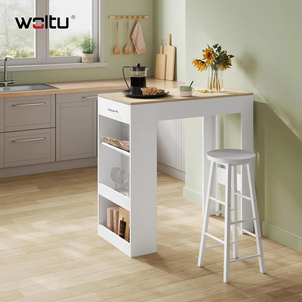 Tavolo da Bar, Bancone da Bar con 1 Cassetto e 3 Ripiani, Tavolo Penisola per Cucina, Pub, Bistrot, Legno Ingegnerizzato (Con assi di legno, Bianco+Rovere Chiaro, 100 x 50 x100 cm)