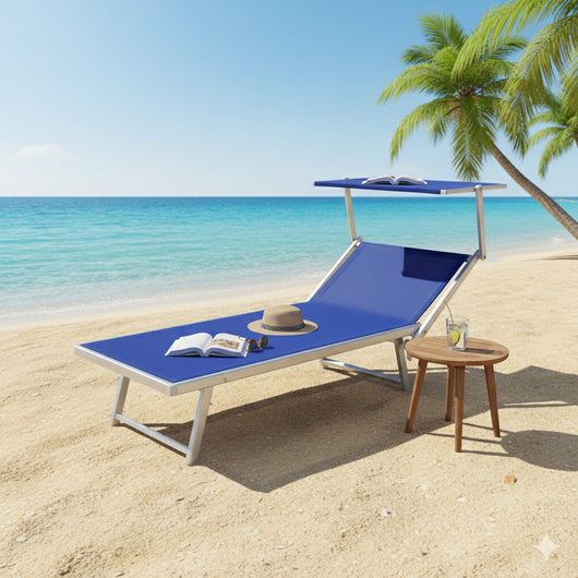 LETTINO SPIAGGIA CON PARASOLE 'ATRANI' telo colore blu- 2 pezzi  - LIF