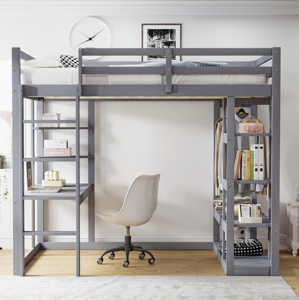 Letto a soppalco 140x200 cm in legno grigio con scrivania; armadio e ripiani