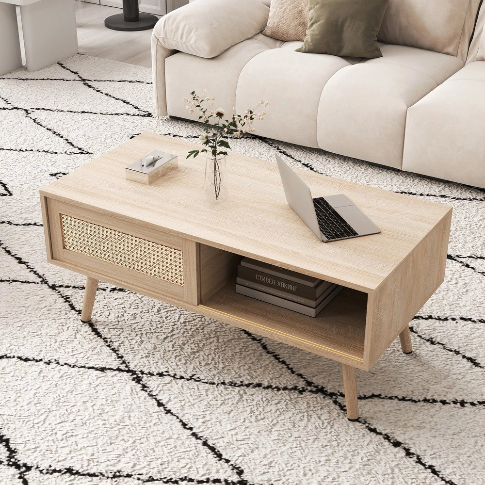 Tavolino da Caff¨¨ in Legno Massello con Ante Scorrevoli ¨C MINIMAL ¨C Naturale 105x55x40 cm