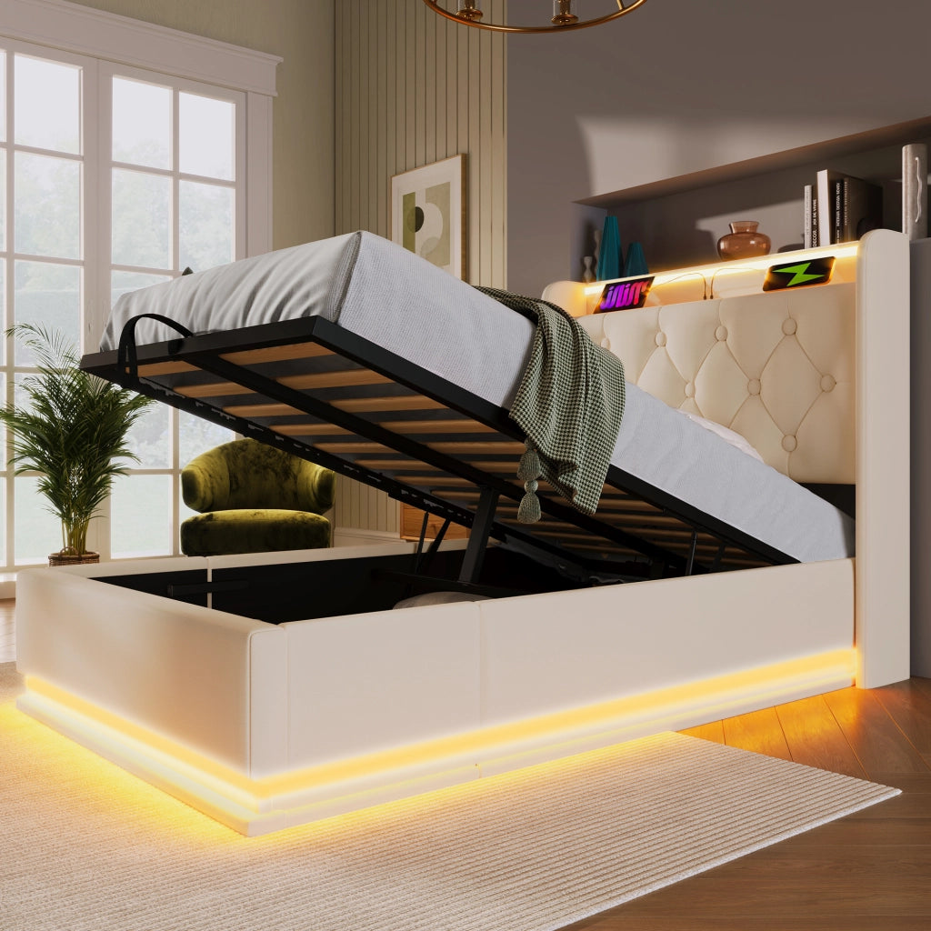 Letti contenitori 90x200 cm LED 360°; USB Tipo-C; PU bianco (Senza materasso)