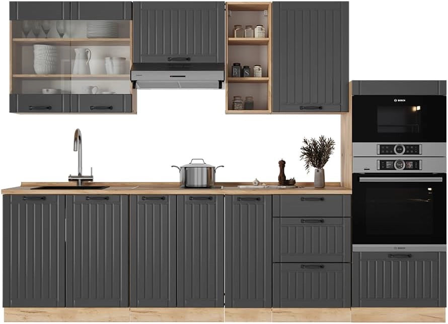 Cucina componibile Fame-Line, Grigio scuro, 280 cm senza piano di lavoro