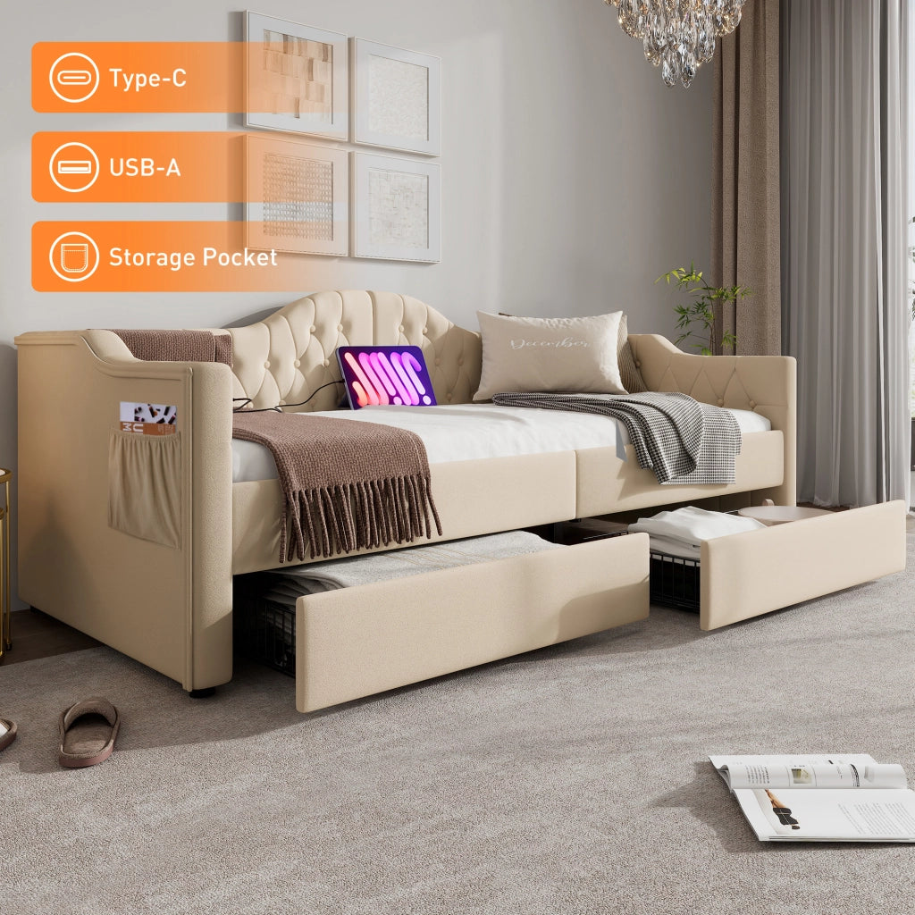 DESMIU Divano letto 90 × 200 cm 1 posto con 2 cassetti, USB, Type-C e senza materasso, in velluto beige