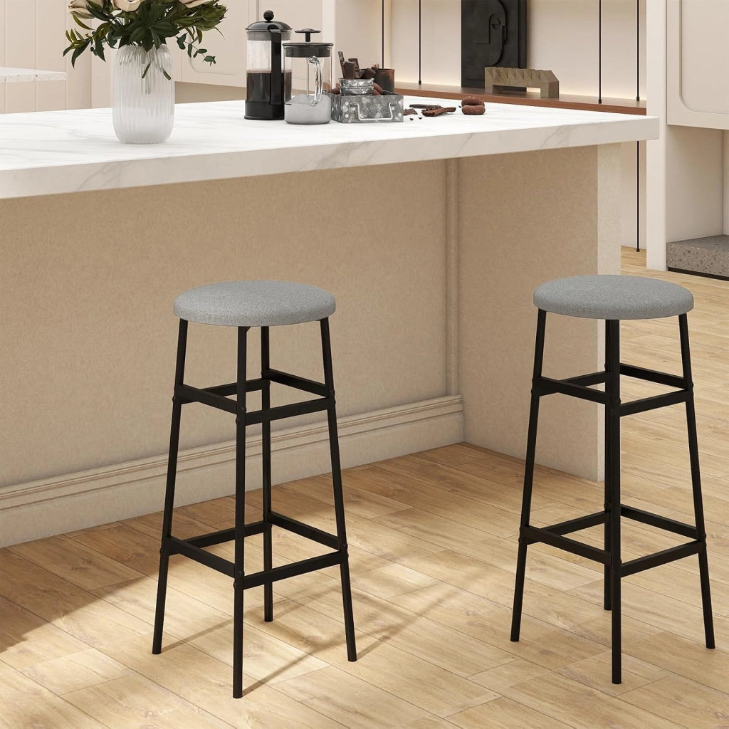 Set di 2 Sgabelli Alti Rotondi da Bar (Grigio) | Sgabelli con Seduta Imbottita, Pioggiapiedi Ergonomico, Portata 150 kg per Cucina e Sala da Pranzo, 33,5 x 33,5 x 73 cm