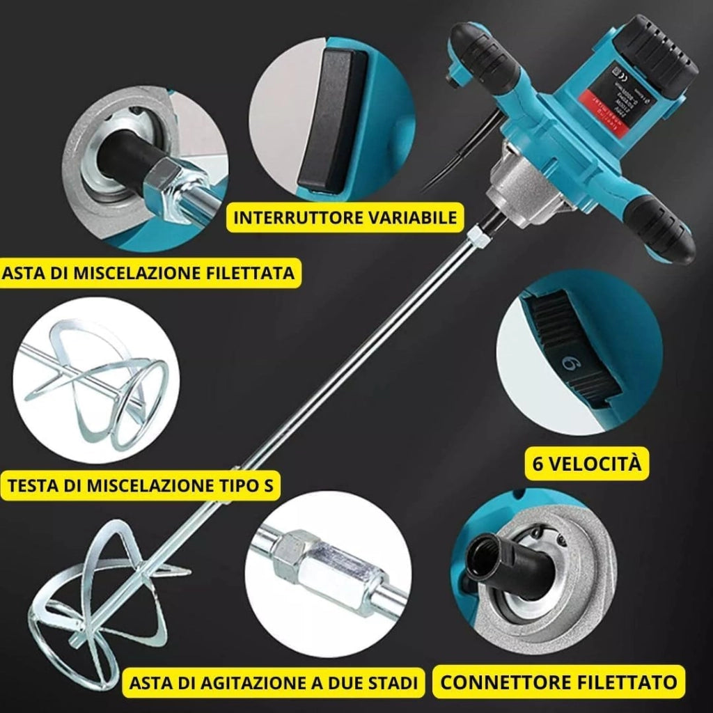Miscelatore per Malta e Cemento 1600W con 6 Velocità e Attacco M14 + Livella Laser 4D a 16 Linee con Raggio Verde Autolivellante, Kit Professionale 2 in 1.