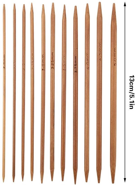 Set di aghi a maglia per bambù carbonizzato 11 misure - aghi a punta doppia - lavorazione a maglia - leggero - lunghezza dell'ago 13 cm - aghi a maglia a punta doppia