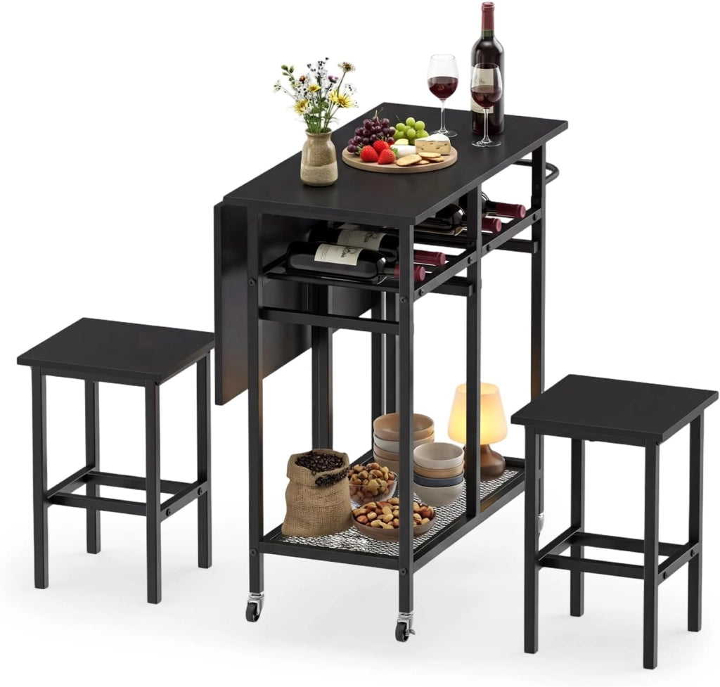 Set Tavolo da Pranzo Pieghevole 3 Pezzi, Tavolo Salvaspazio Estendibile con 2 Sgabelli con Ruote, Portabottiglie da 6 Posti, Ripiani e Maniglia Laterale per Cucina (Nero,Modello 2)