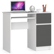 Scrivania per computer AKORD PIKSEL Bianco 90 cm 1 anta 1 cassetto inserto frontale Grigio Grafite 90x50x77 cm Modello a destra