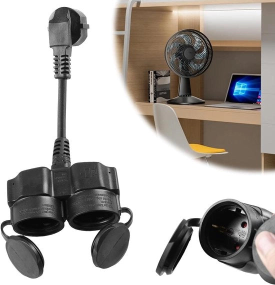 Cavo di estensione con 2 prese Schuko e scatola a moltiplicatore per esterni - 16A / 250V, doppia presa - nero, per uso in casa, ufficio e cucina