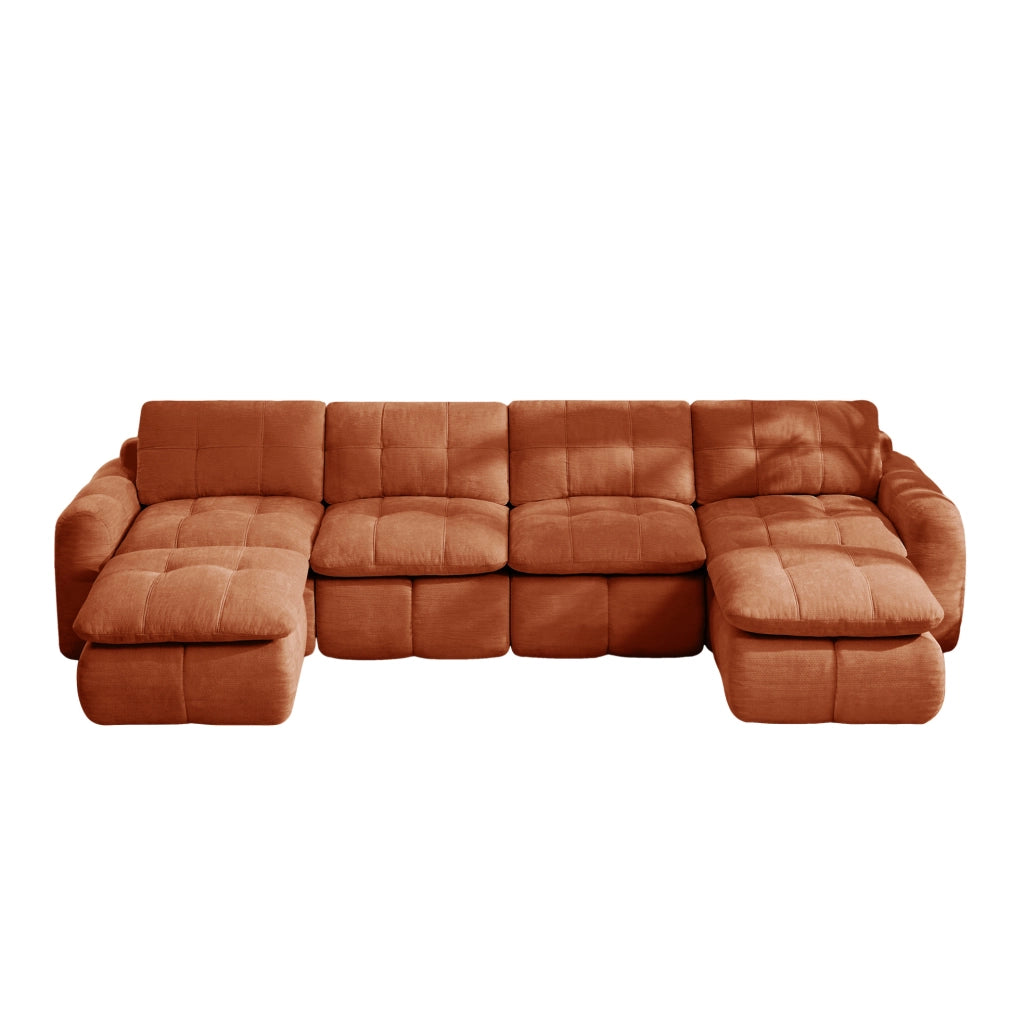 Divano modulare in ciniglia arancione; 334 x 160 x 68 cm