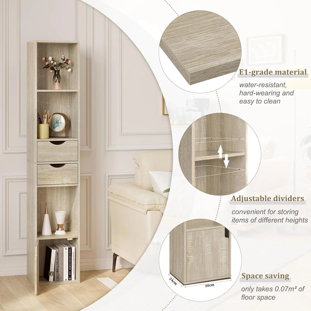 Libreria Scaffale Moderna in Legno, Libreria Verticale con 3 Vani Aperti, 2 Cassetti e 1 Armadietto, Mobile Portaoggetti Portalibri da Terra con Ripiano Regolabile, Legno Chiaro, 30x24x158cm