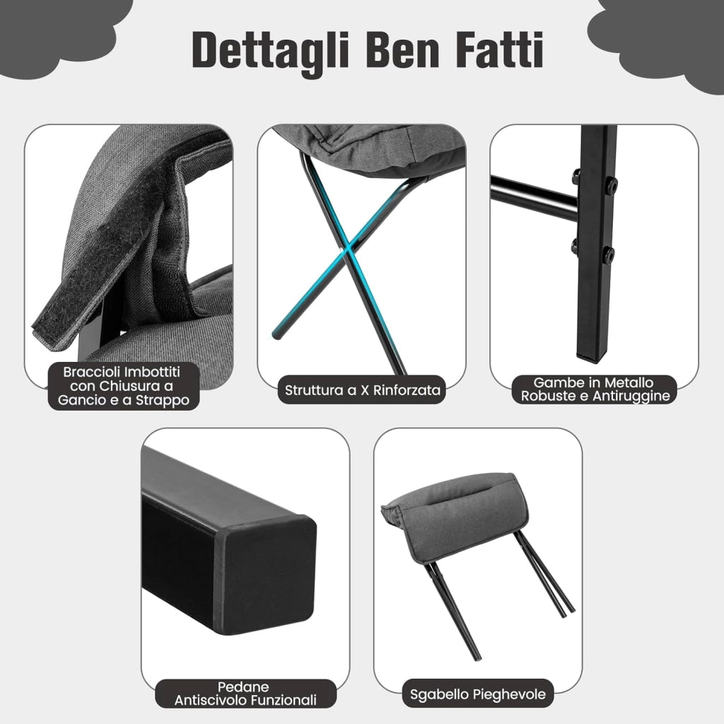 Poltrona Imbottita con Pouf Poggiapiedi Pieghevole, Schienale Alto Reclinabile a 5 Posizioni, Poltroncina Sedia Sdraio in Lino, Poltrona Moderna con Braccioli da Soggiorno Ufficio (grigio)