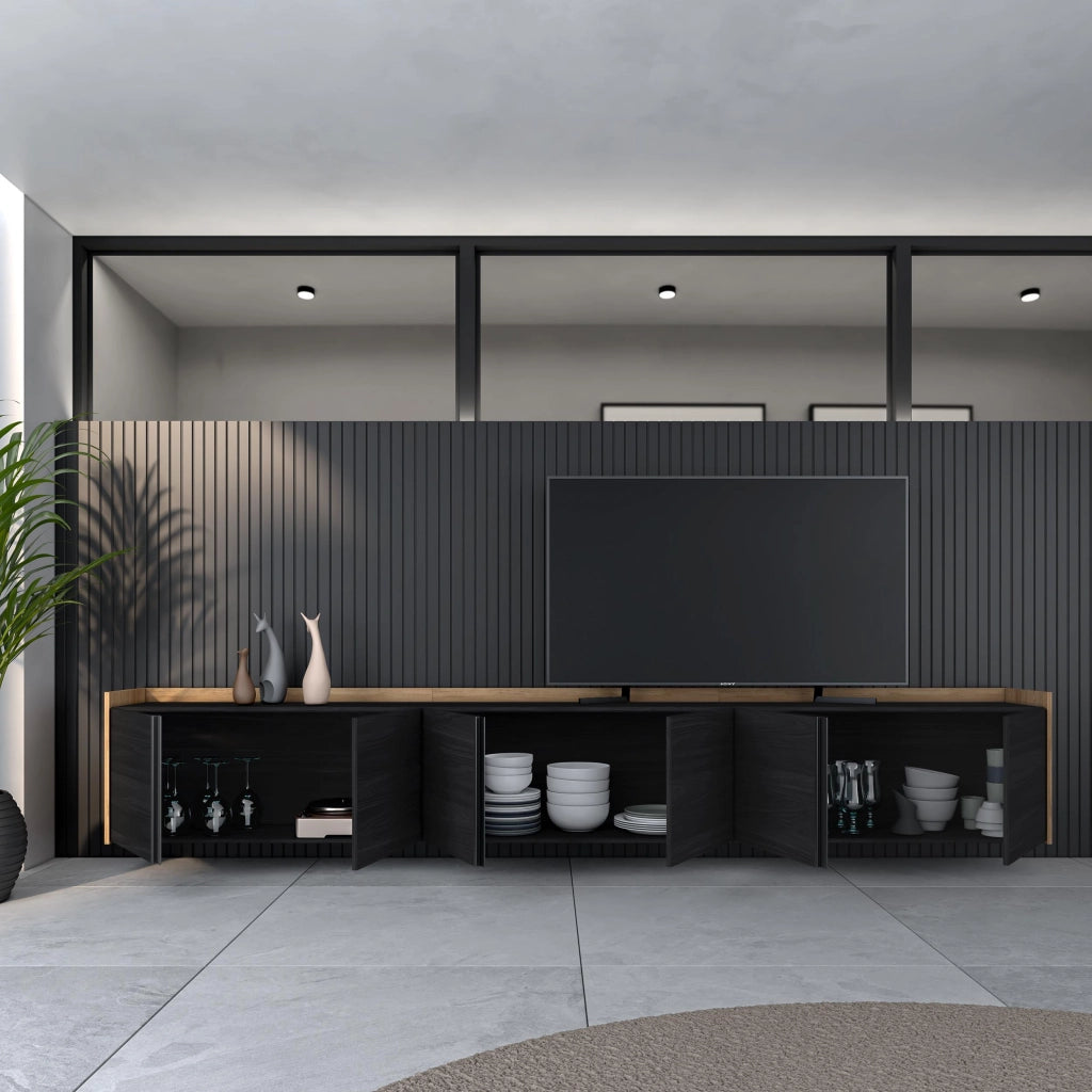 Mobile TV Soggiorno, 309x50x35 cm, Per TV fino a 80", Sospeso, da appendere, Nero e rovere