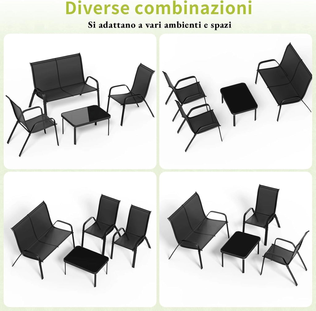 Set Salotto da Giardino 4 Pezzi, Set Mobili da Esterno con Divano 2 Posti, 2 Poltrone, 1 Tavolino in vetro, Textilene Traspirante, Set da Conversazioni per Piccolo Balcone, Terrazzo (Nero)