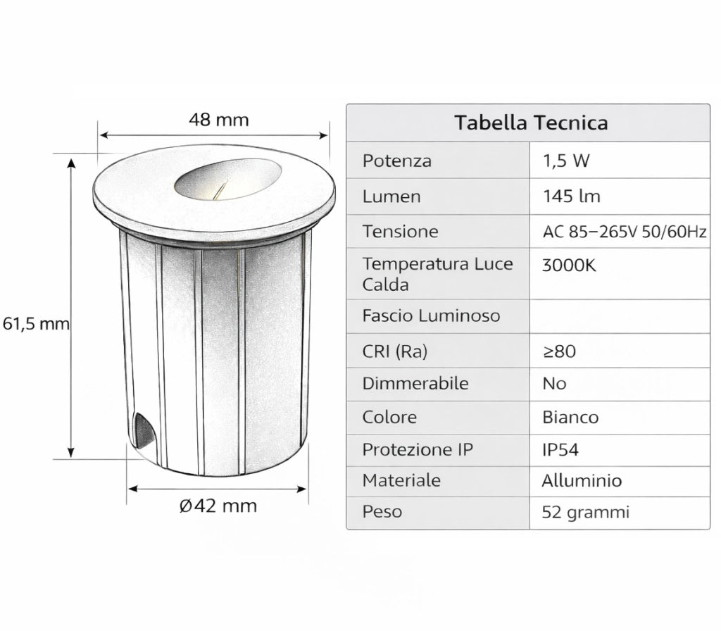 Faretto segnapasso LED da incasso rotondo 1.5W IP54 bianco luce bianca fredda 6500K inclinata in basso da esterno