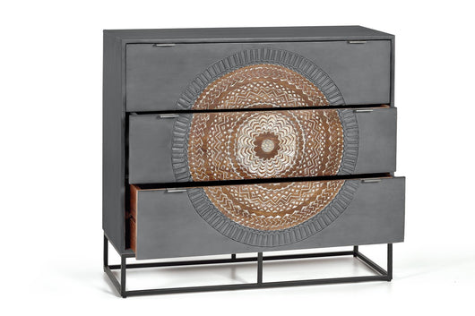 Comodino in legno di mango e gambe in metallo grigio e marrone