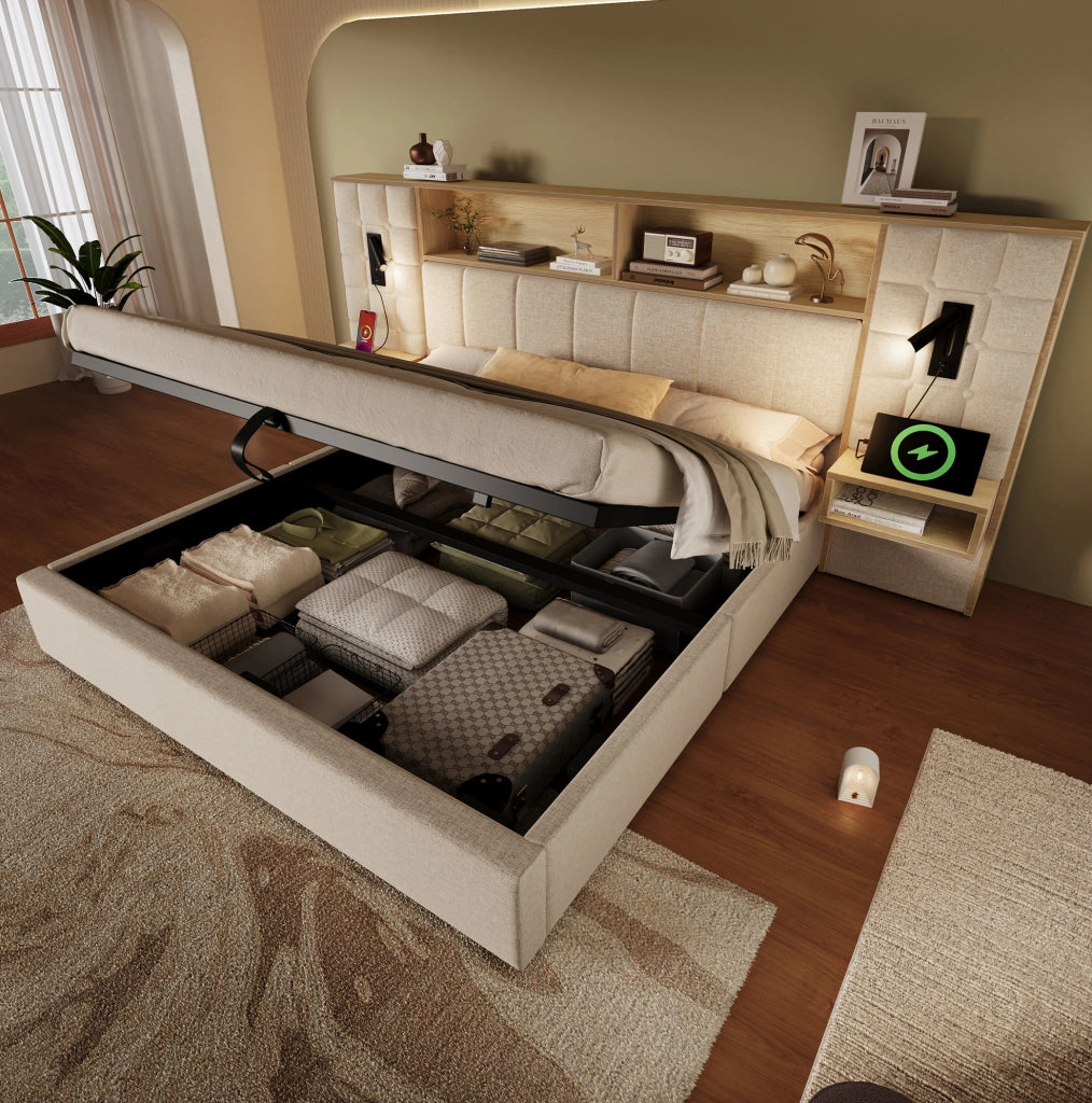 Letto matrimoniale 180x200 cm con contenitore; comodini sospesi; luci da lettura USB e Type-C; beige